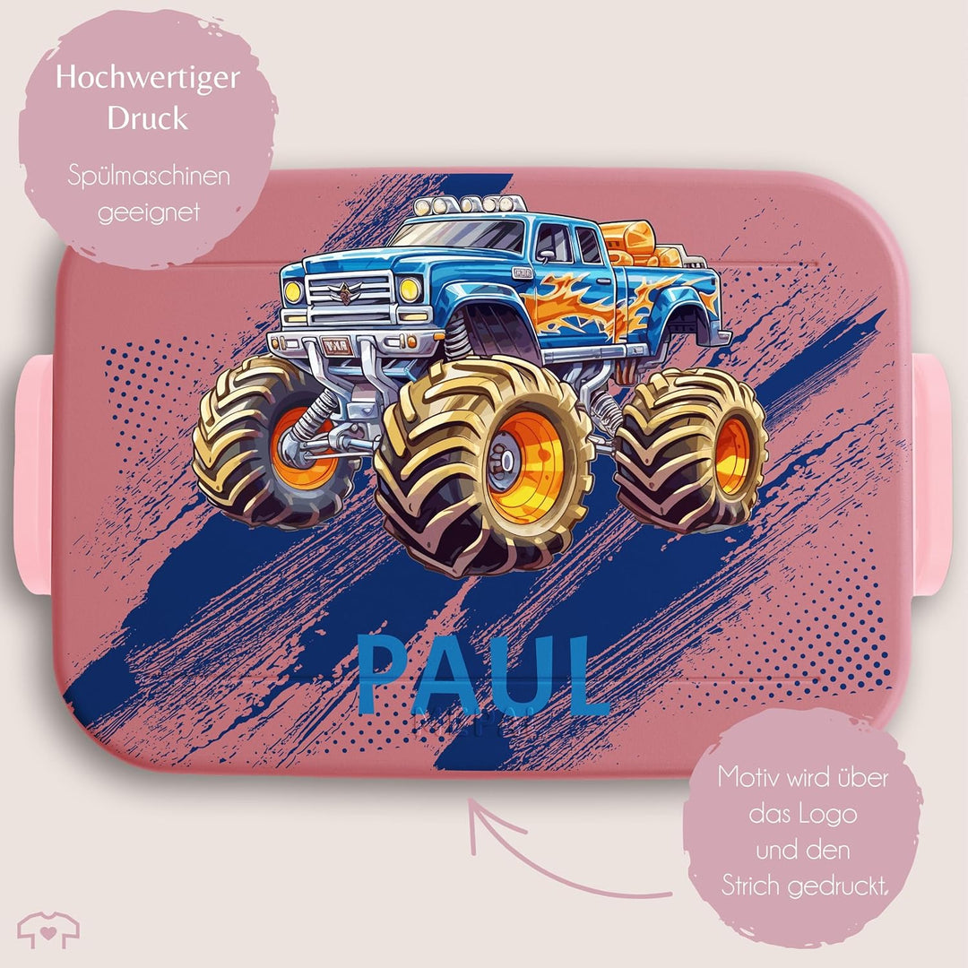 Kinder Bento Box Midi für Mepal Bentobox - Auto - Lunchbox Monstertruck mit Name Brotbox Monster Tru