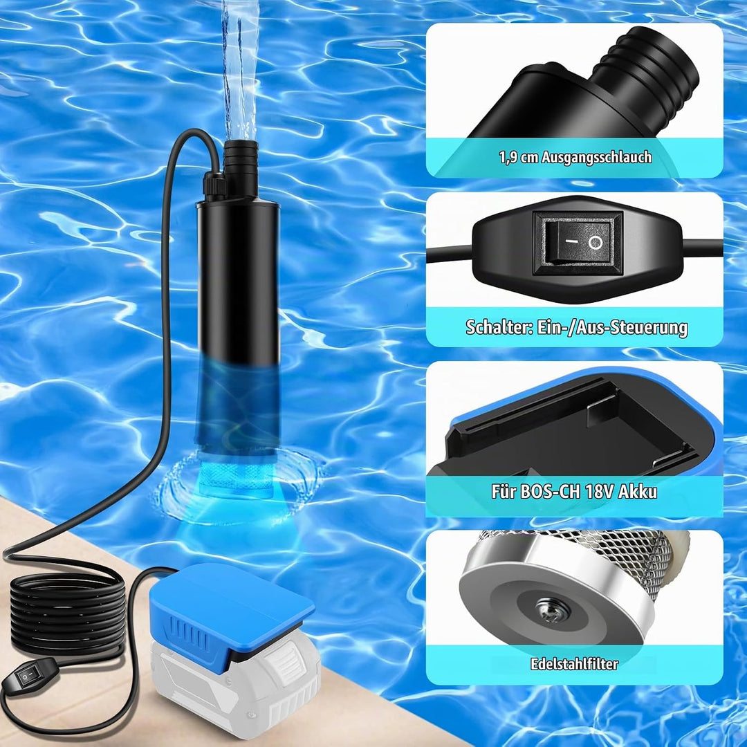 Tauchpumpe Kompatibel mit Bosch GBA 18V Batterie, 30L/min, Lift 15FT, 120W angetriebene Wasserpumpe,