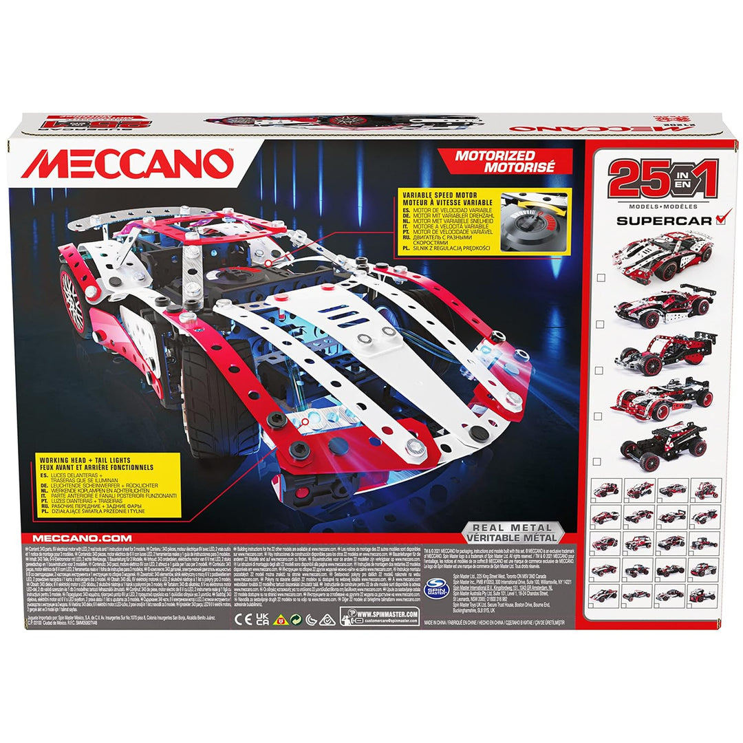 Meccano 25-in-1 Motorized Supercar STEM Model Building Kit with 347 Parts, Real Tools and Working Li