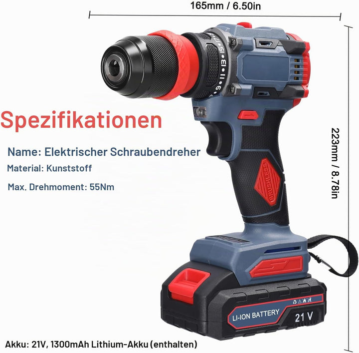 Weytoll 21V Akku Bohrmaschine, Akkuschrauber mit Akku*2 1300mAh, Akku Bohrer Abnehmbares Bohrfutter,