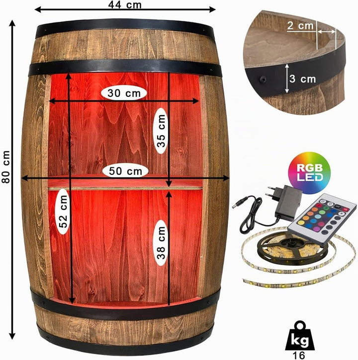 weeco Weinfass als Weinregal - Weinschrank Barschrank LED-Leuchten, Bar Tisch aus Holzfass, Wein Rac