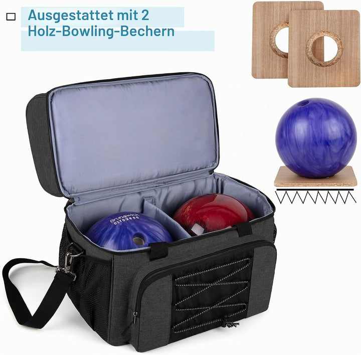 DSLEAF Bowlingtasche für 2 Bälle mit Holzballhalter und gepolsterter Trennwand, EIN Paar Bowlingschu