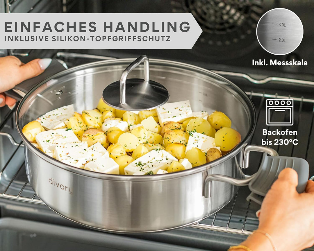 Schmorpfanne 28cm – Hohe Edelstahl Servierpfanne unbeschichtet & ohne PTFE/PFOA, Schmortopf mit Deck