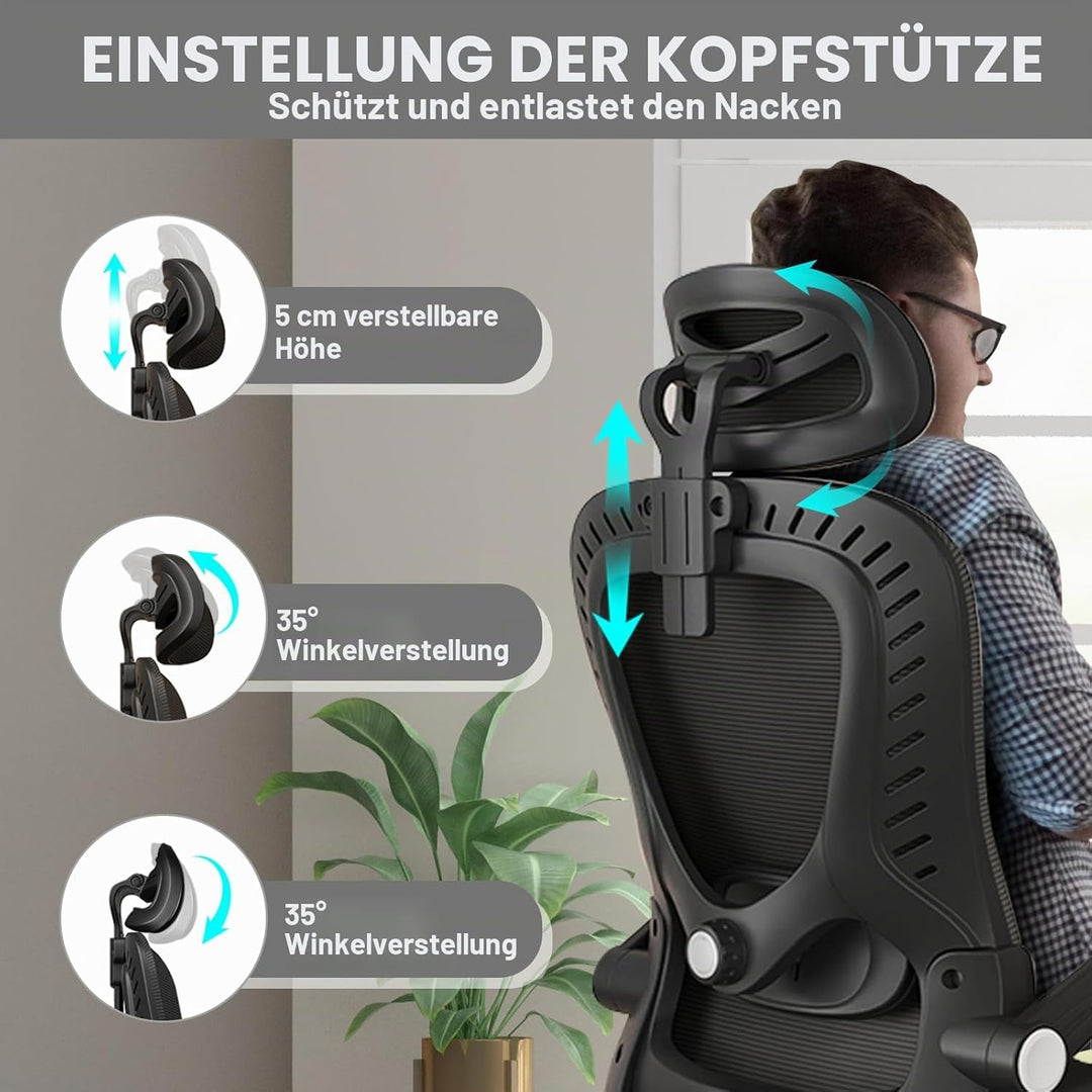 LEVIPE Bürostuhl Ergonomisch, Schreibtischstuhl mit Lendenwirbelstütze, Armlehnen, Verstellbare Kopf