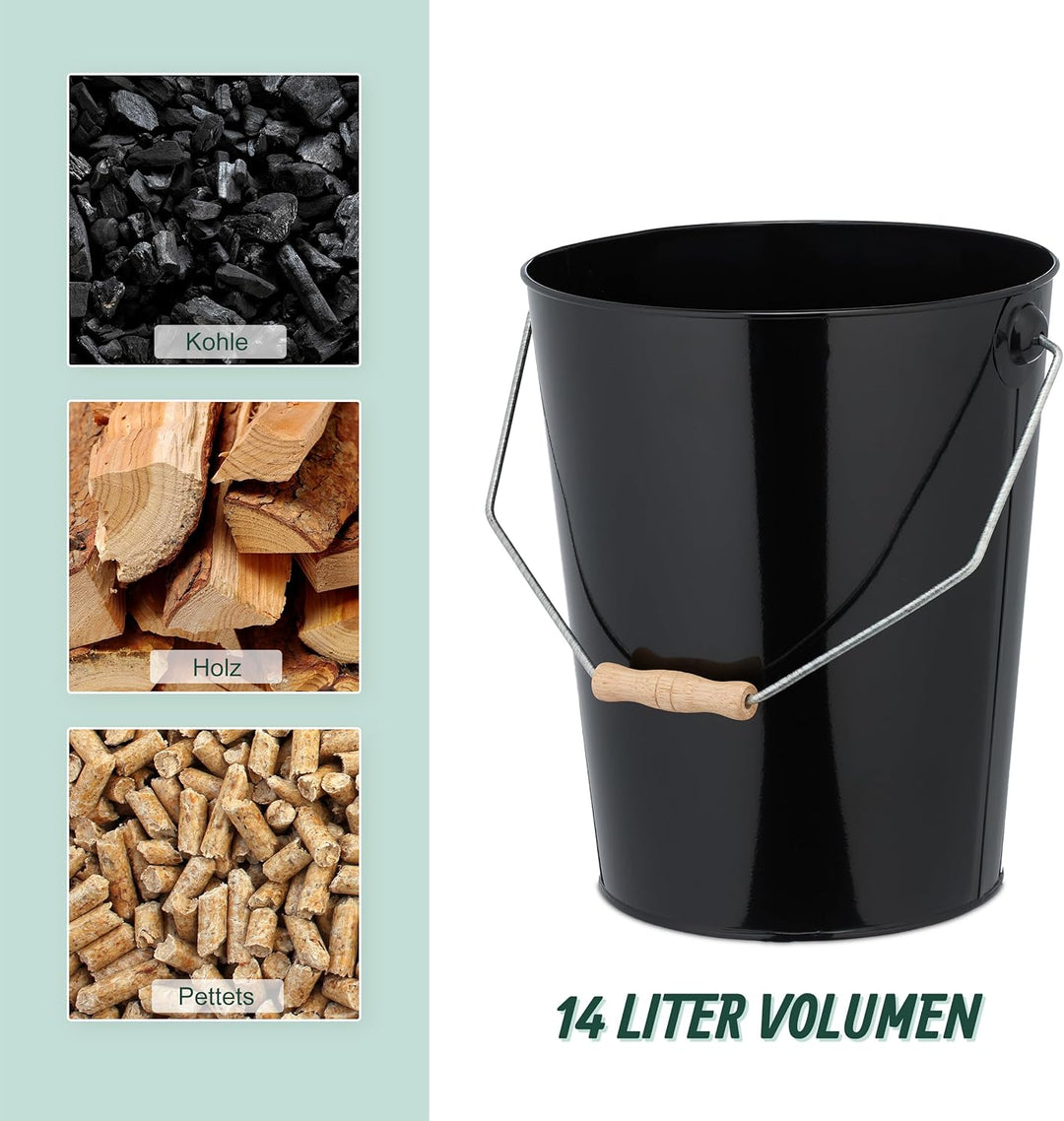 Relaxdays Kohleneimer, Volumen 14 Liter, Kohle, Pellets, Briketts, Kaminzubehör, Ascheeimer mit Henk