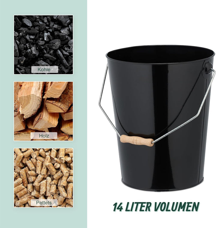 Relaxdays Kohleneimer, Volumen 14 Liter, Kohle, Pellets, Briketts, Kaminzubehör, Ascheeimer mit Henk