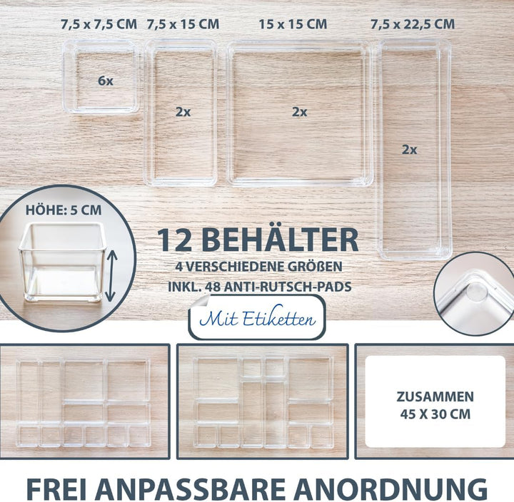 NEAT AND NICE - 12 teilig transparent Schubladen Organizer inkl. Antirutsch-Pads in 4 versch. Grösse