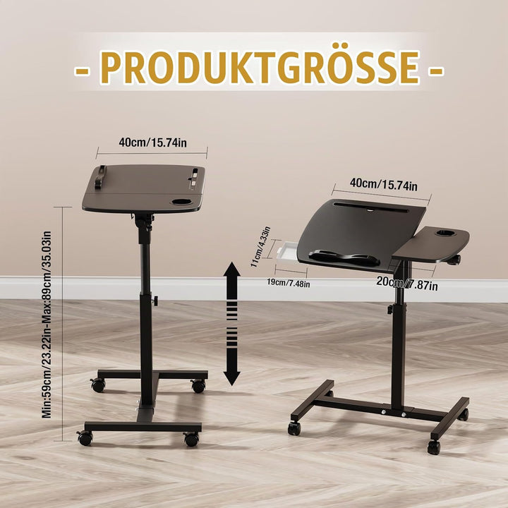 Mobiler Beistelltisch, 60x40cm, Betttisch auf Rollen, Höhenverstellbar 59-89cm, Krankenbett Beistell