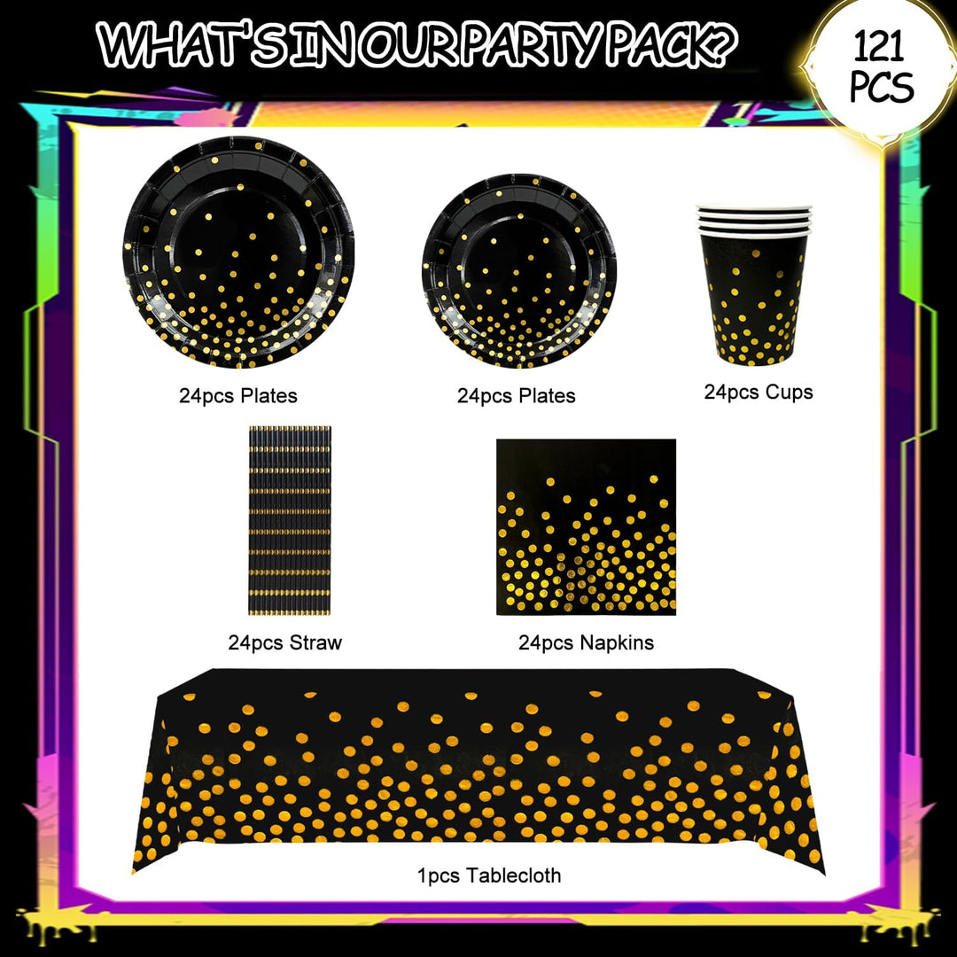 Party Geschirr Schwarz Gold,193pcs Schwarzgoldenes Geburtstag Party Geschirr Set-Pappteller Schwarz