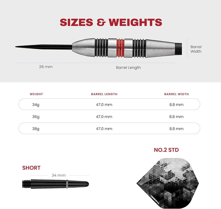 Designa Meteors 90 V2 Dartpfeile | M2 | Standard & Personalisierte Ringstahlspitze | 34g-36g-38g 85