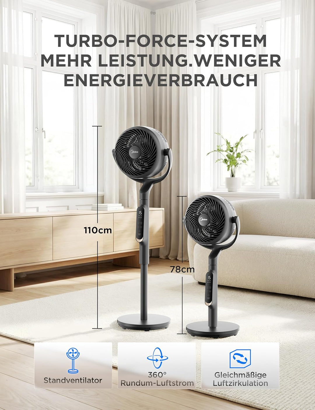 Midea Standventilator leise mit DC Motor FG18-26XRD(BL), 19 dB, 15 m Reichweite, Air Circulator, 78/