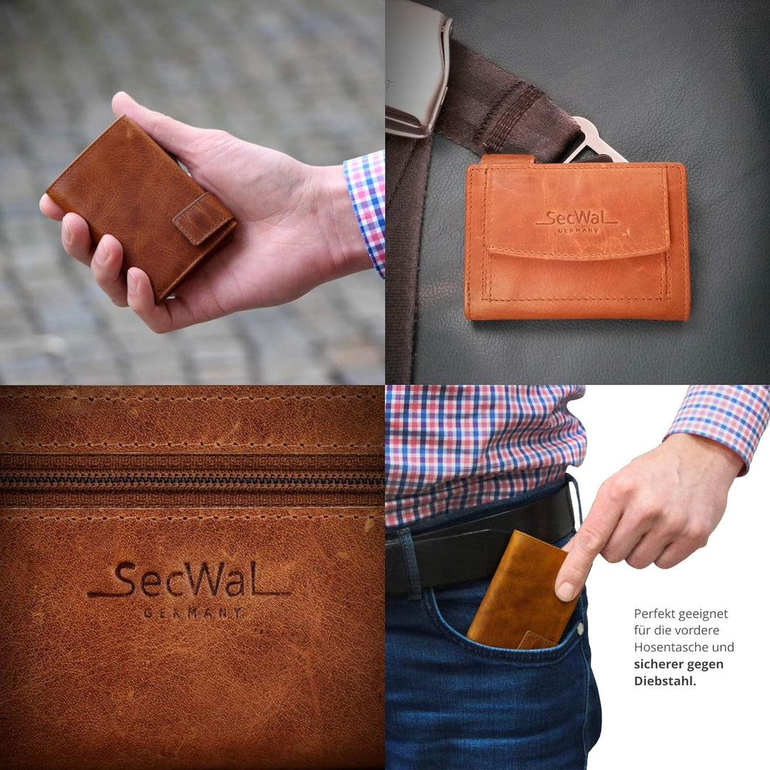 SecWal Kartenetui mit Münzfach Reissverschluss (Cognac Braun), Cognac Braun