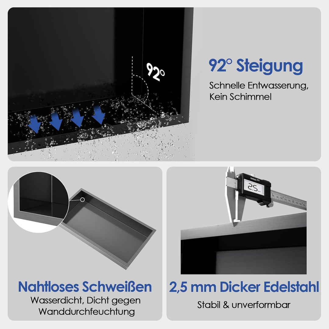 ROVOGO 60 x 30 x 10 cm Nano Schwarz Wandnische Dusche Edelstahl, Eingebettete Duschnische Einzelrega