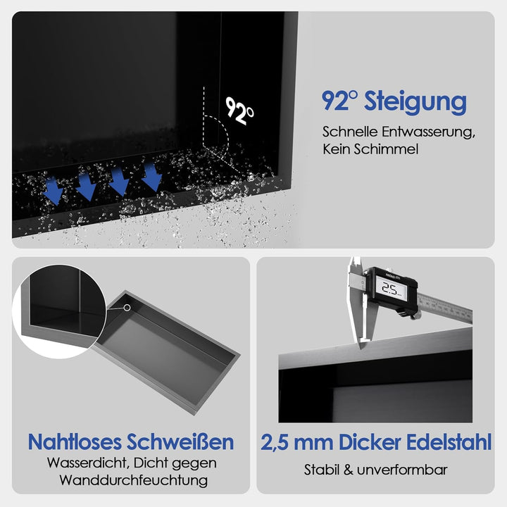 ROVOGO 60 x 30 x 10 cm Nano Schwarz Wandnische Dusche Edelstahl, Eingebettete Duschnische Einzelrega
