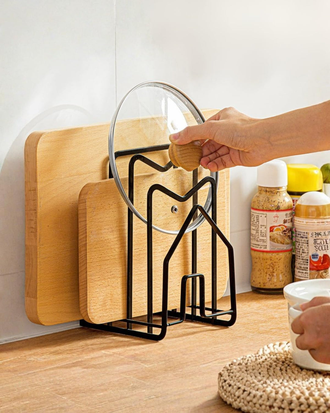 LINFIDITE Metall Schneidebrett-Rack,Schneidebrett-Organiser Ständer Halter Topfpfannendeckel-Halter