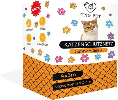 FinoPet Katzennetz für Balkon drahtverstärkt 4x3 Meter inklusive Befestigungsmaterial, Katzenschutzn