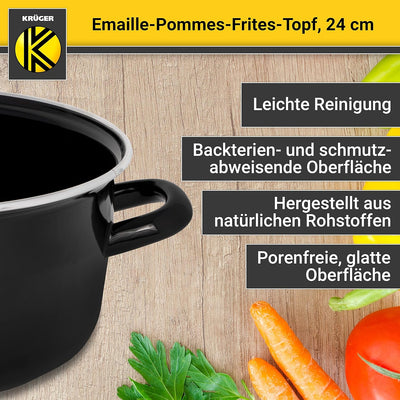 Krüger Emaille-Pommes-Frites-Topf mit Chromrand und Siebeinsatz - 24cm - perfekte Wärmeleitung - Top