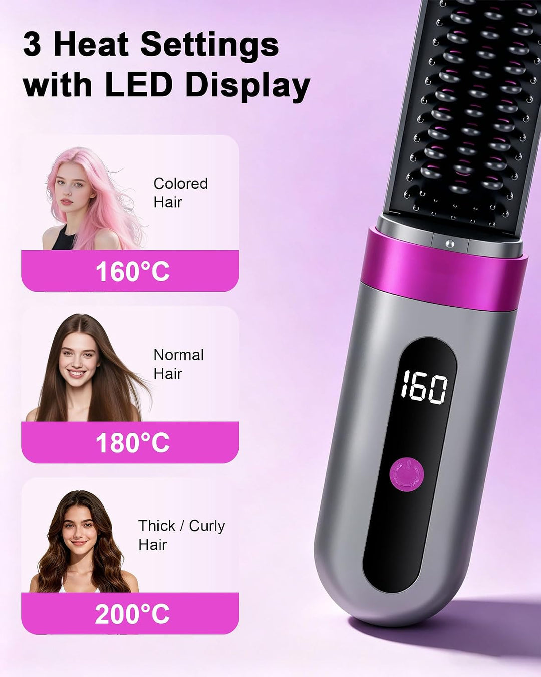 Kabellose Glättbürste mit Akku, Ionen Haarglätter Bürste 160–200°C, 3 Temperaturstufen, LED Display,