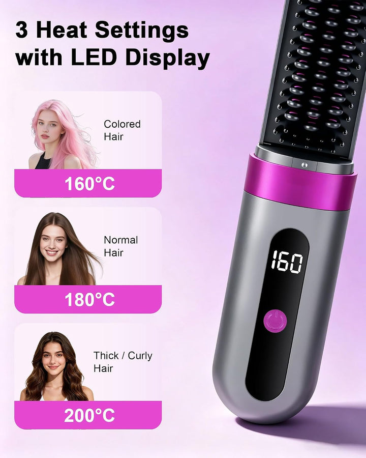 Kabellose Glättbürste mit Akku, Ionen Haarglätter Bürste 160–200°C, 3 Temperaturstufen, LED Display,