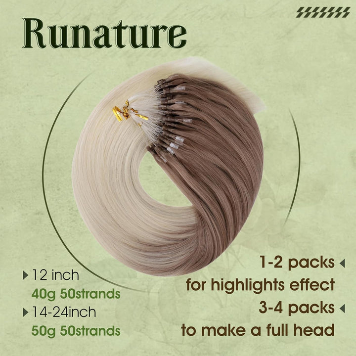 RUNATURE Extensions Micro Braun Ombre Echthaar Balayage Lang 55cm Micro Bead Hair Extensions Echthaa