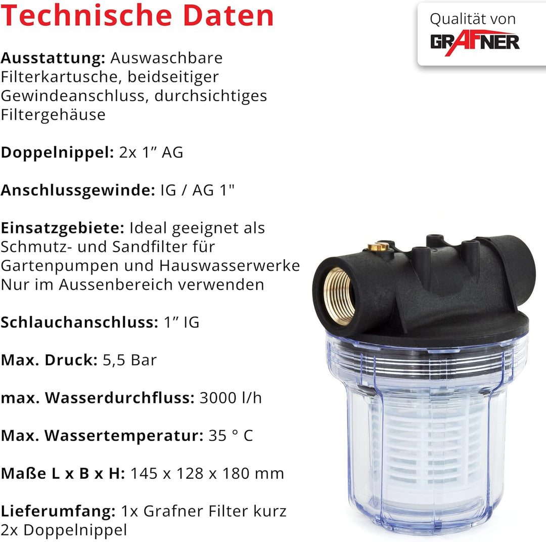 Grafner Vorfilter für Hauswasserwerke und Gartenpumpen, mit Filtereinsatz, platzsparende Ausführung,