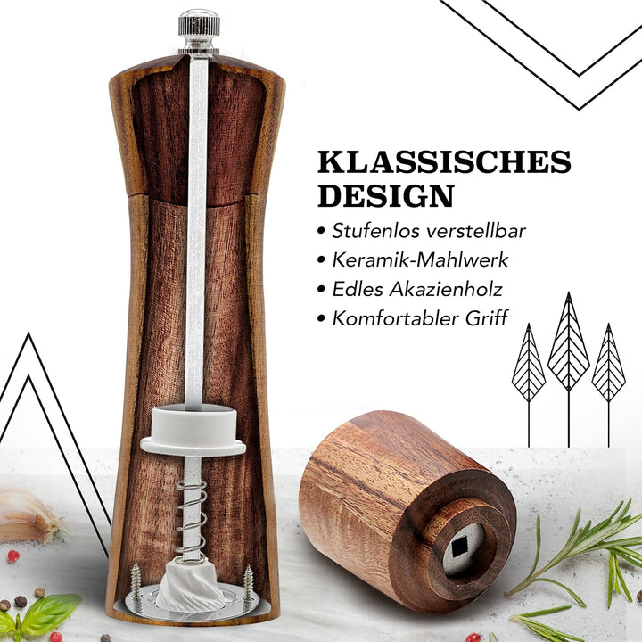 Salz und Pfeffermühle Holz Gross (21 cm) - 2er Set mit Pfeffer und Salzmühle - Gewürzmühle mit Keram