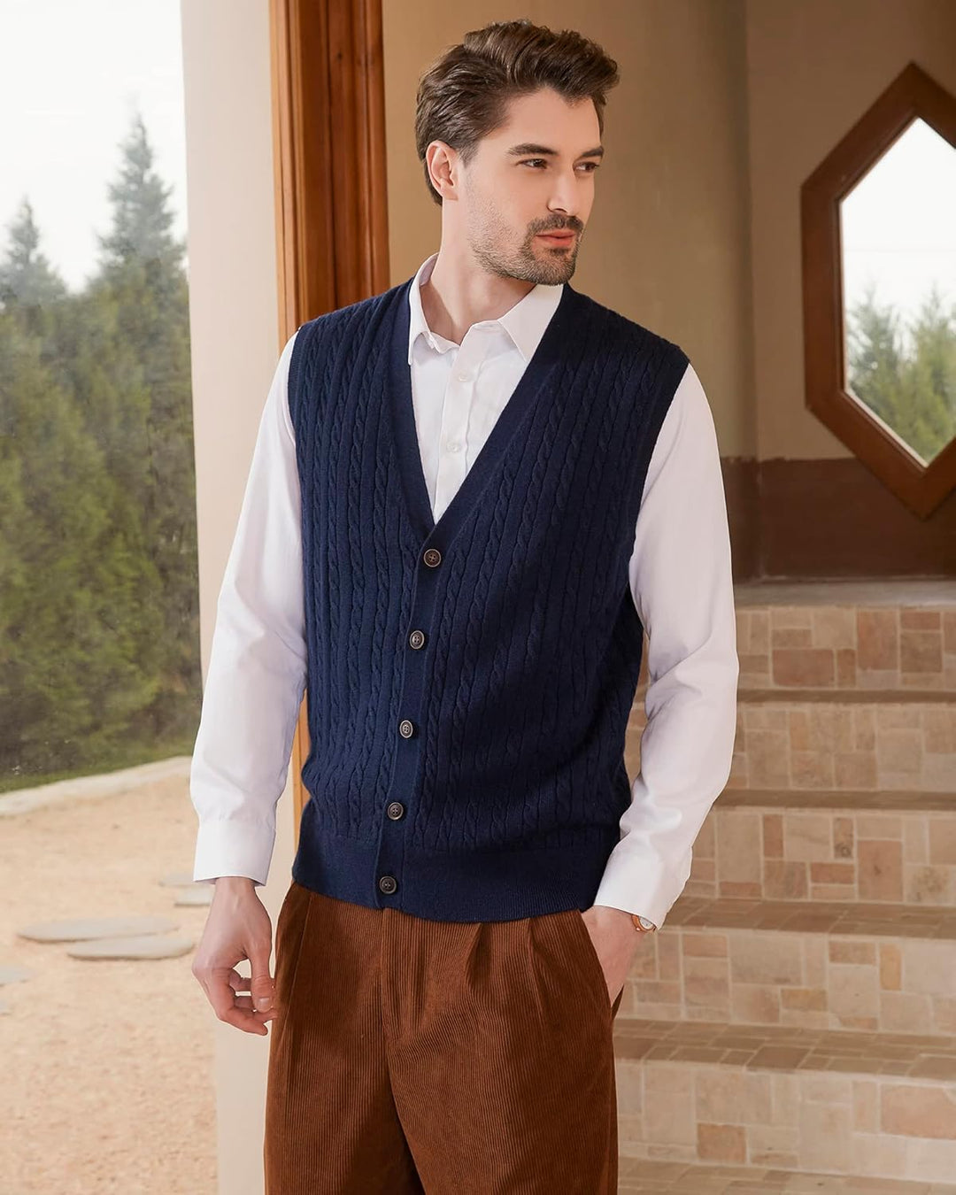 Kallspin Herren Strickweste Ärmellos Cardigan Wollmischung mit Zopfmuster und Knöpfen L Marineblau,