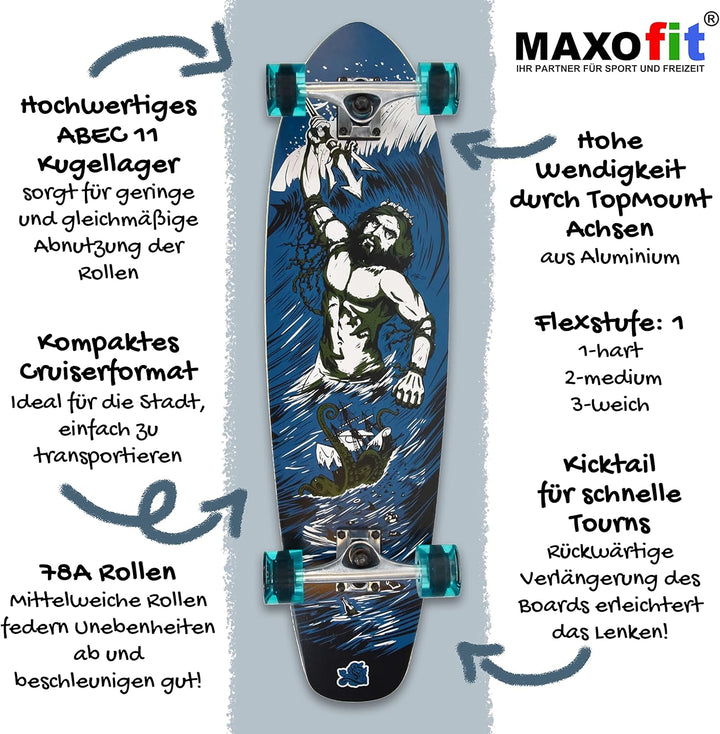 MAXOfit Longboard in verschiedenen Designs mit hochwertigen Ahorn/Bambus Decks für Anfänger und Fort