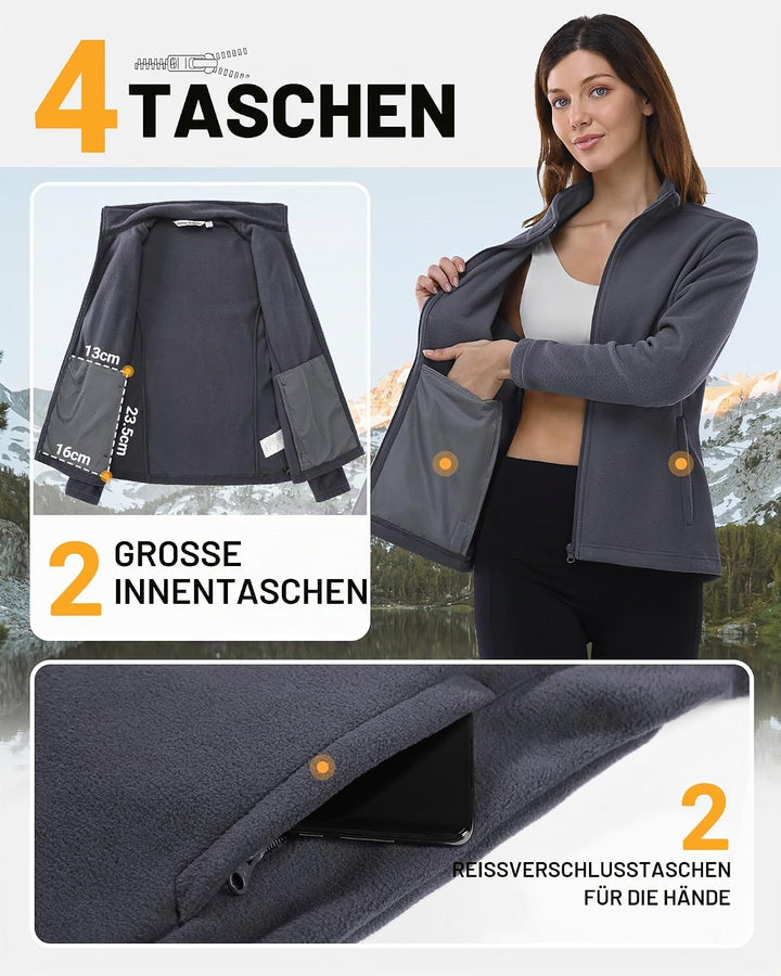 Outdoor Ventures Damen Fleecejacke mit Durchgehendem Reissverschluss Stehkragen Frauen Leichte Fleec