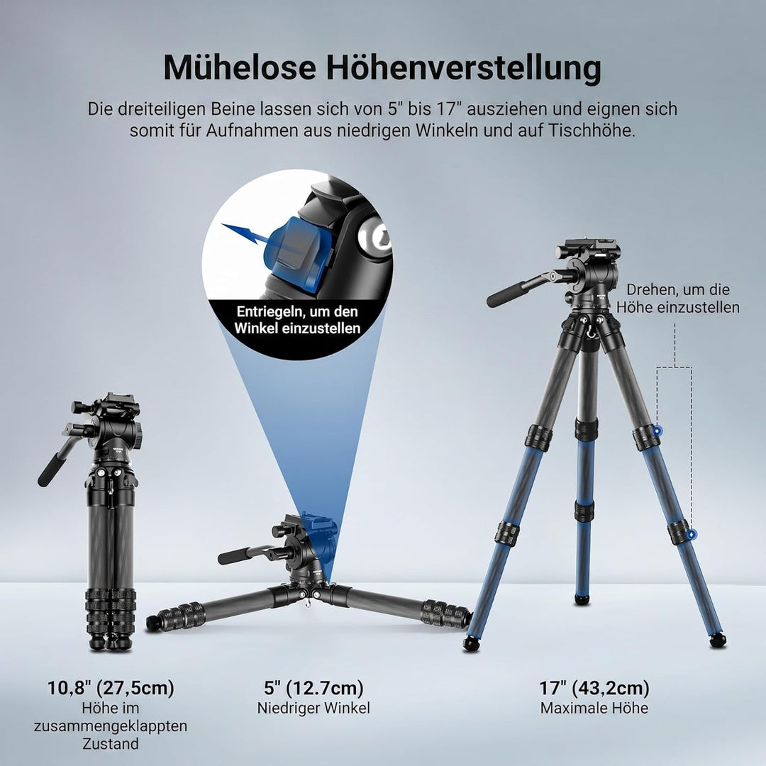 NEEWER Carbonfaser Tisch Kamera Mini Stativ tragbares Tischstativ Reisestativ für unterwegs mit Flui