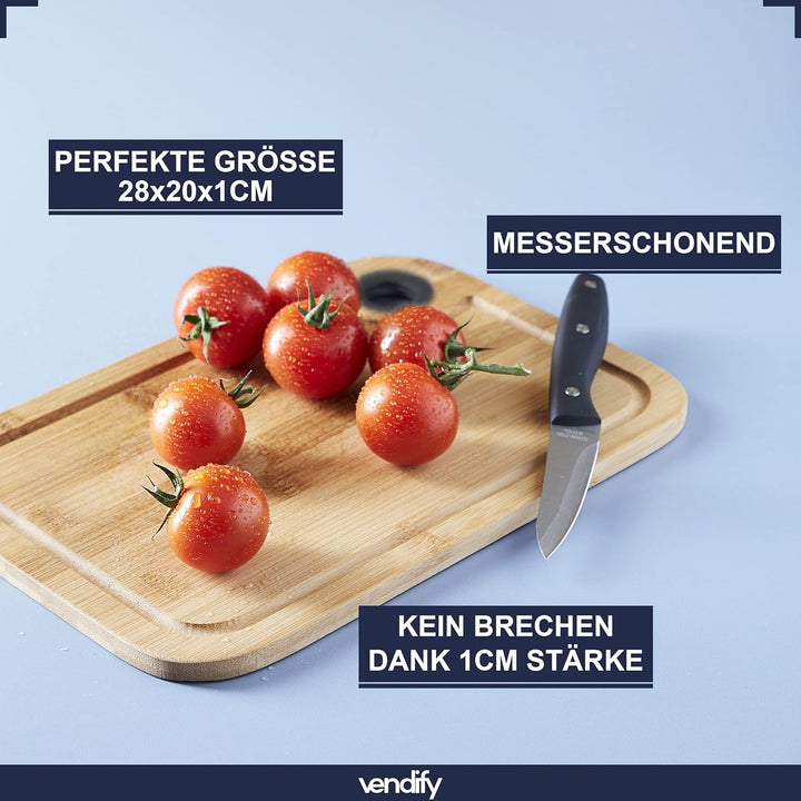 vendify® Bambus Frühstücksbrettchen 3er-Set & 6x Steakmesser - 3x Schneidebrett 28x20 cm - Antibakte