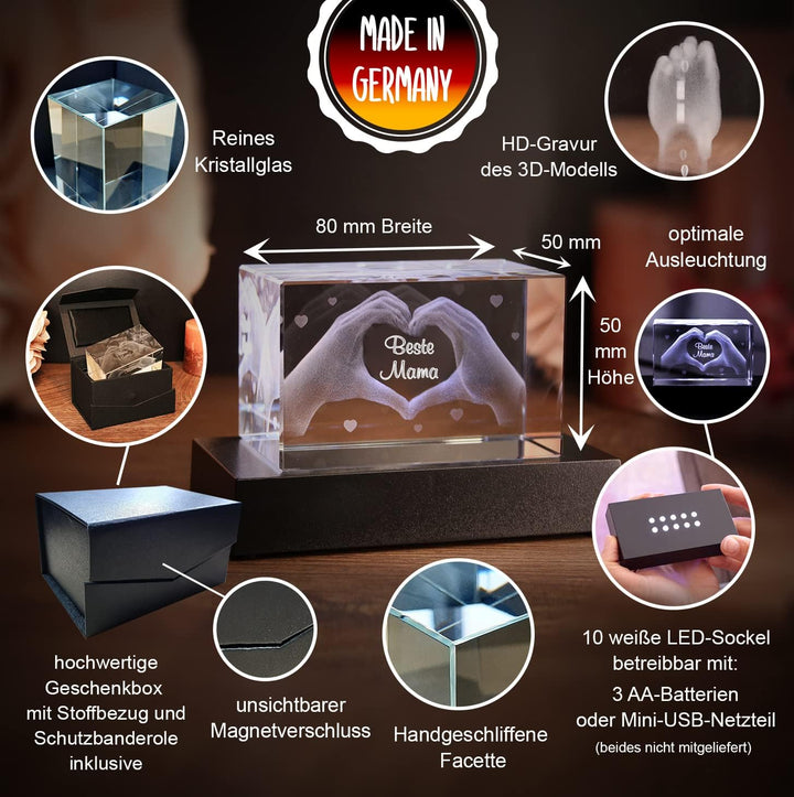 LoveGoals 3D Glas Kristall mit Gravur - Herz aus Zwei Händen mit Text Beste Mama graviert - Geschenk