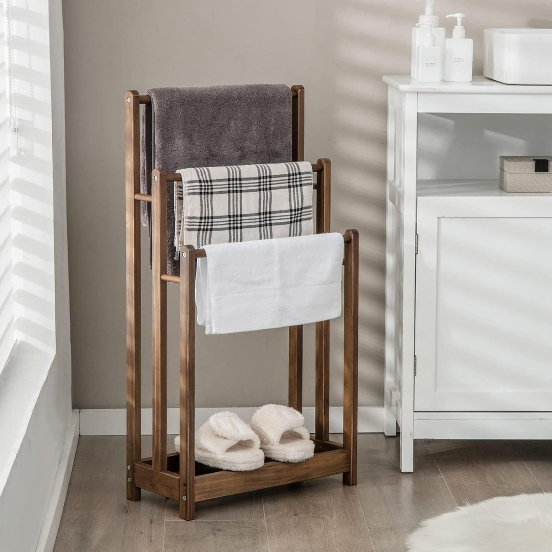 COSTWAY Handtuchständer freistehend, Handtuchhalter Holz mit 3 Handtuchstangen & unterer Ablage & Ki