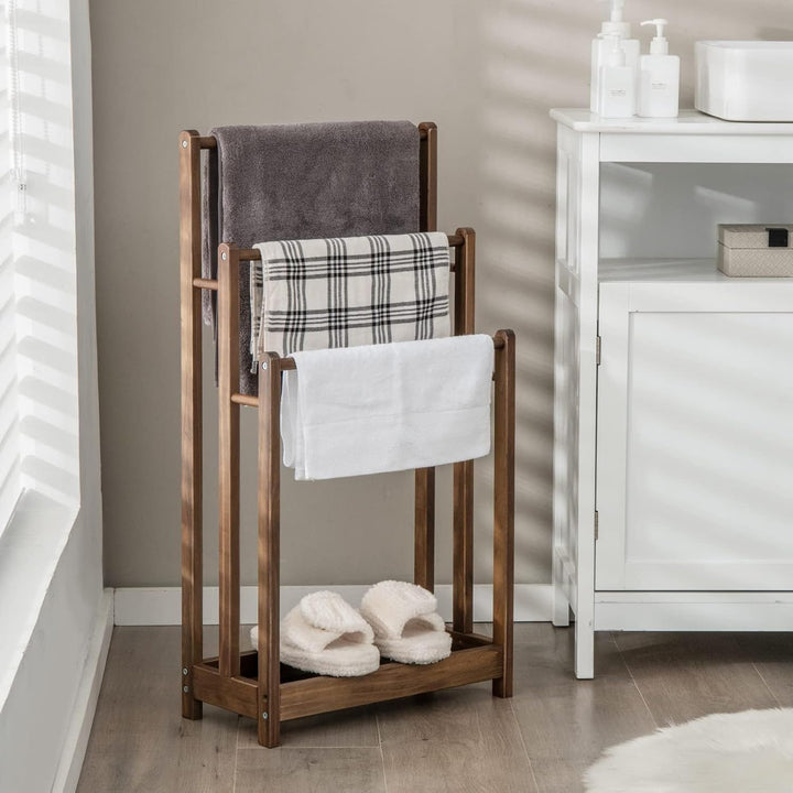 COSTWAY Handtuchständer freistehend, Handtuchhalter Holz mit 3 Handtuchstangen & unterer Ablage & Ki