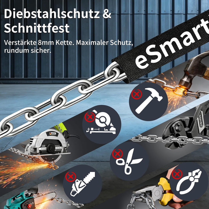 Eseesmart Fahrradschloss Fingerabdruck mit Schlüssel, 8mm 1000mm Lange Kettenschloss Fahrradschloss