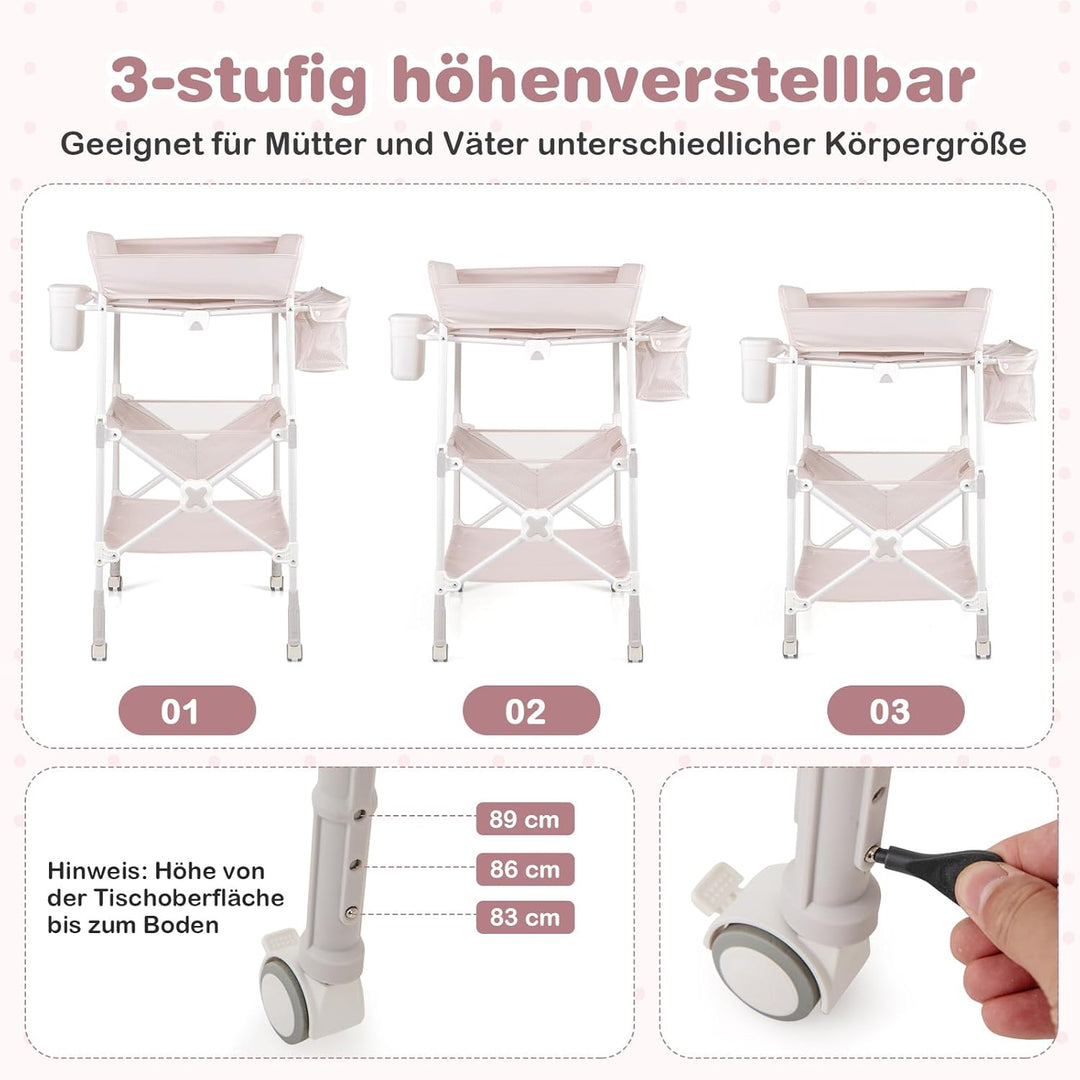 COSTWAY 5 in 1 Wickelkommode, Wickeltisch klappbar, Wickelstation höhenverstellbar mit Seitenkorb, R