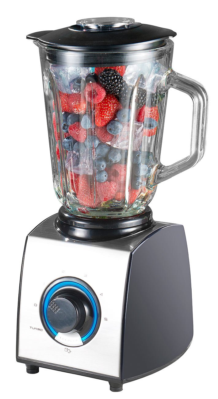 Rosenstein &amp; Söhne Küchenmixer: Glas-Standmixer, 6 Klingen, 7 Modi, Ice Crush, 600W, 1,5l, Profi-Cle