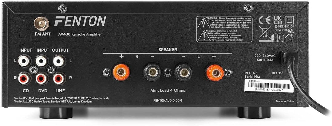 Fenton AV430B Karaoke Verstärker mit Echo, kompakter 600 Watt Bluetooth Verstärker, 2X MIC-In, 2X Ci