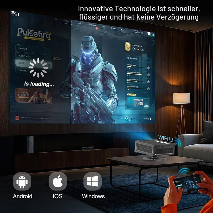 Smart Beamer Full HD 1080P Unterstützt 4K, Projektor 4K mit WiFi 6 BT 5.0 und 360° Abnehmbarer Ständ