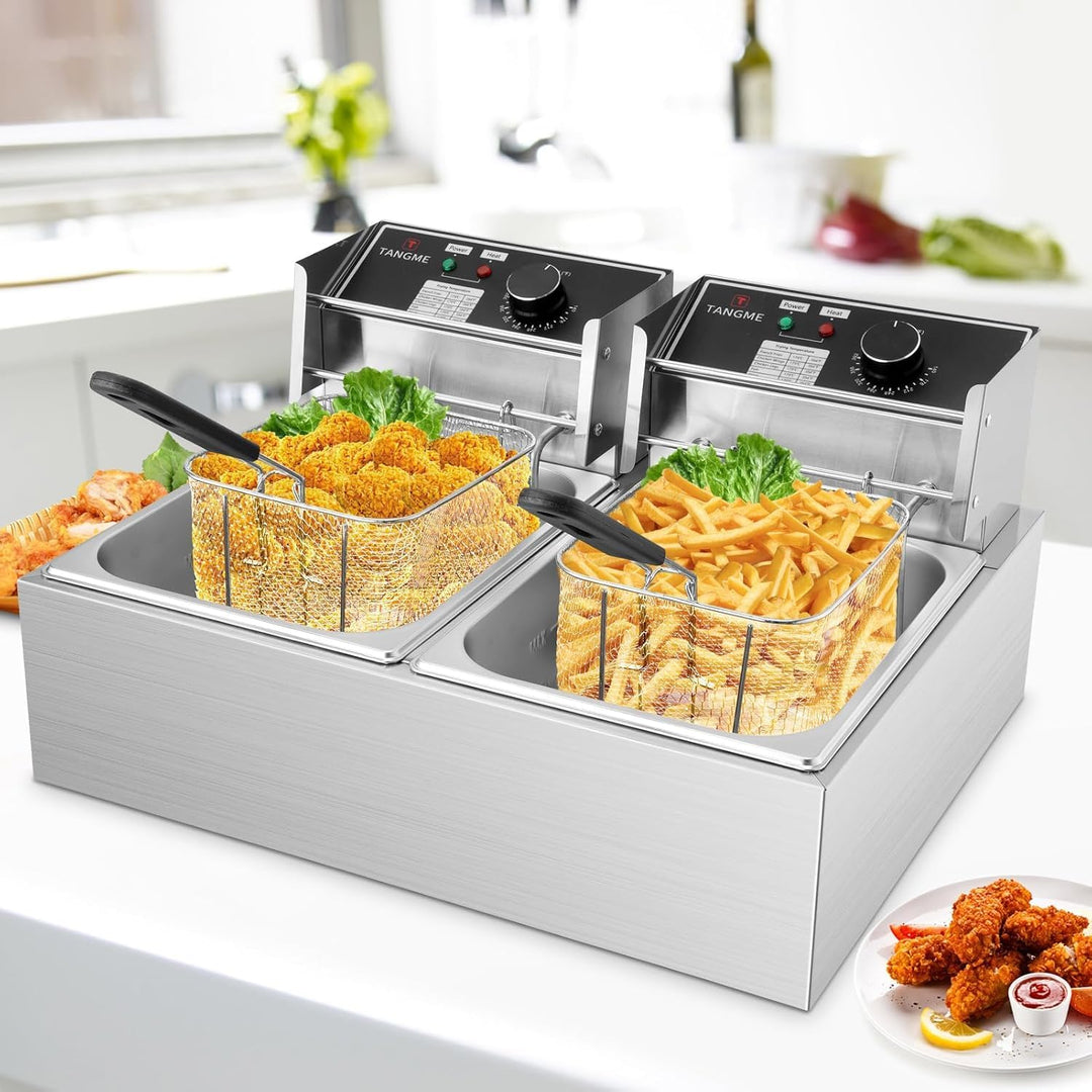 TANGME Kommerzielle Fritteuse, 5000W Elektrische Fritteuse mit 2x6L Körben 0,8mm Edelstahl Doppelter