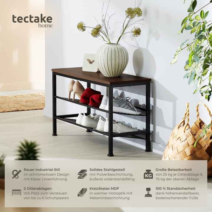tectake® Schuhregal schmal mit Sitzfläche, Schuhbank 3 Ebenen, 2 Gitterablagen, Schuhregal platzspar