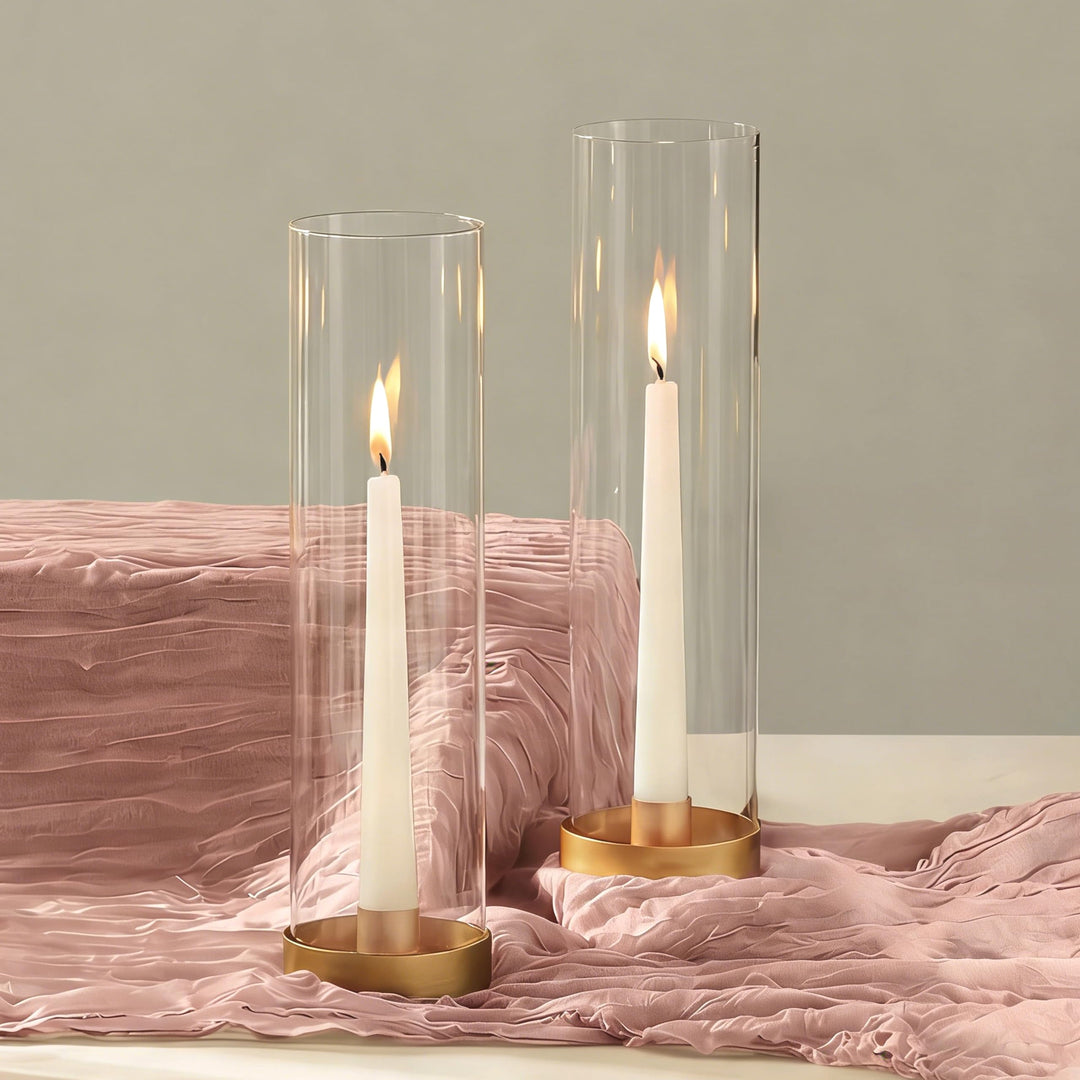 NUPTIO Glaszylinder für Kerzen Kerzenhalter Gold: 30cm Satz von 2 Klarglas Metall Kerzenständer Stab