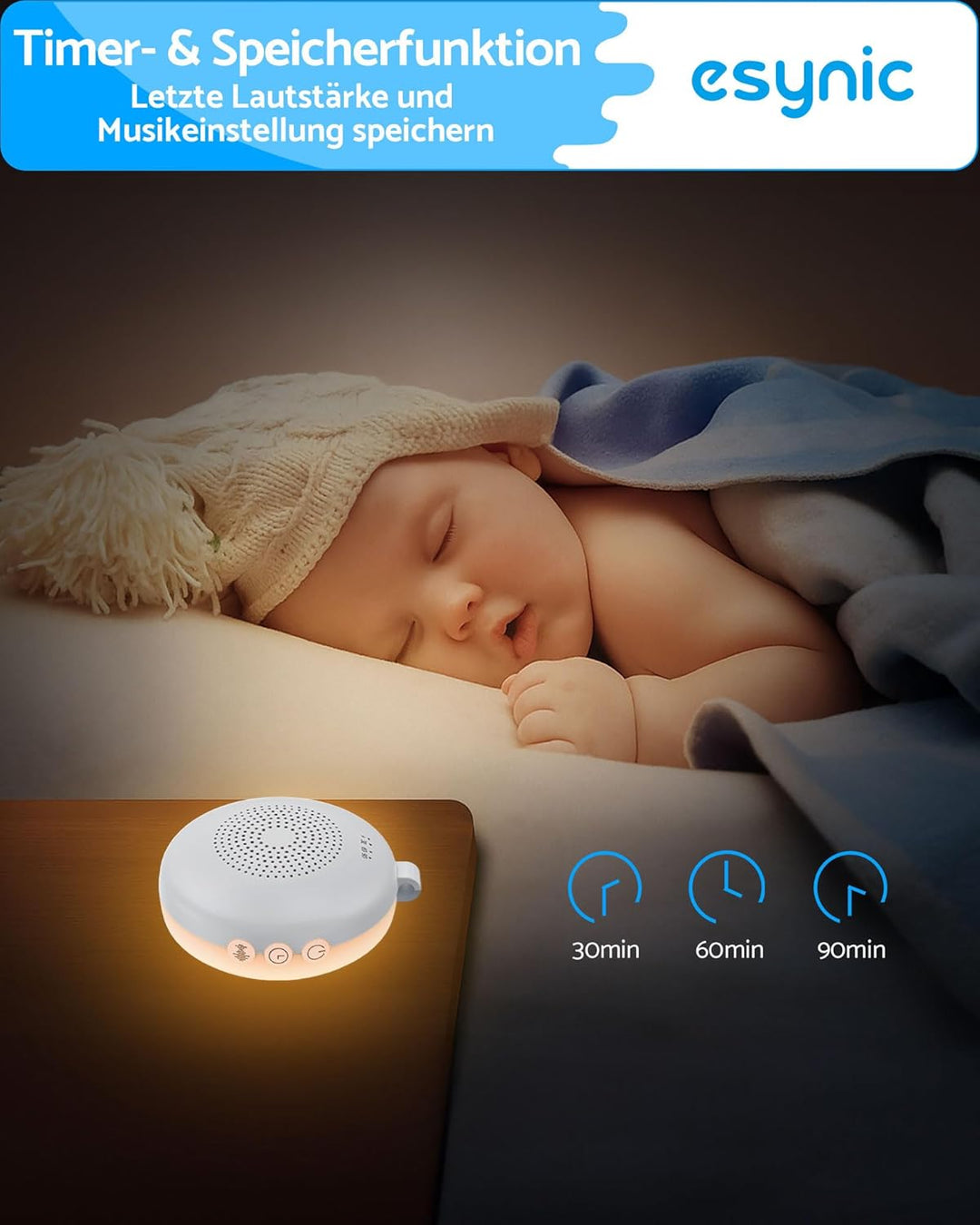 eSynic White Noise Machine Baby mit Nachtlicht Weisses Rauschen Einschlafhilfe Babys Erwachsene Soun