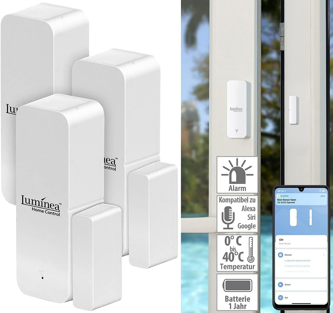 Luminea Home Control Fenstersensor: 3er-Set ZigBee-Tür- & Fensteralarm, für Alexa, GA und Siri, App