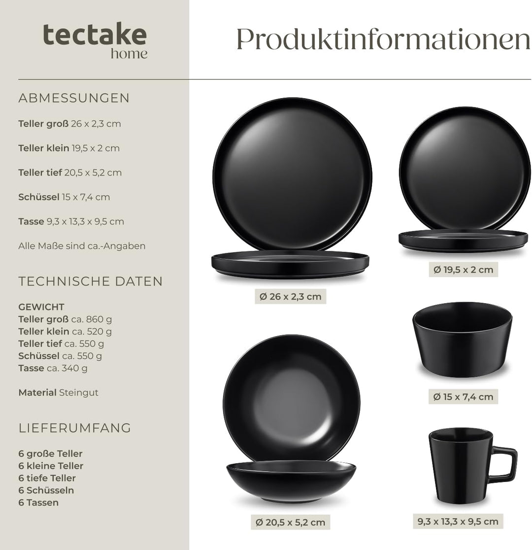 tectake® Küchenstarterset 6 Personen, Steingut Geschirr Set, Teller, 4 Töpfe 2 Pfannen rostfreies Al