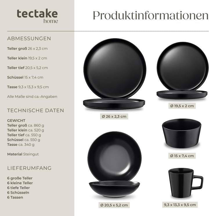 tectake® Küchenstarterset 6 Personen, Steingut Geschirr Set, Teller, 4 Töpfe 2 Pfannen rostfreies Al
