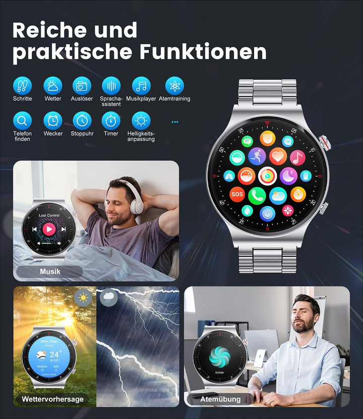 Smartwatch Herren mit Telefonfunktion,1,39 Zoll Smart Watch mit Herzfrequenz Schlafmonitor SpO2 Noti