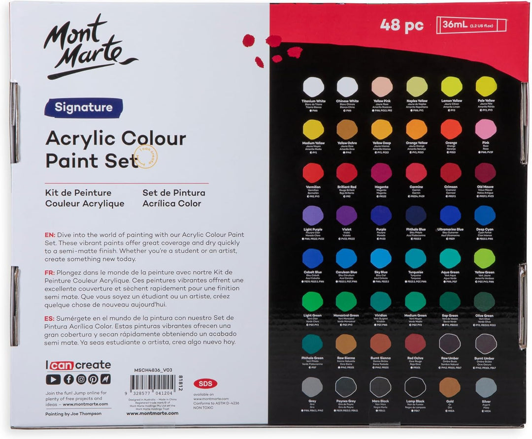 Mont Marte Acrylfarben Set Premium – 48 Stück, 36ml Tuben – Ideal für Acrylmalerei – Brillante Licht