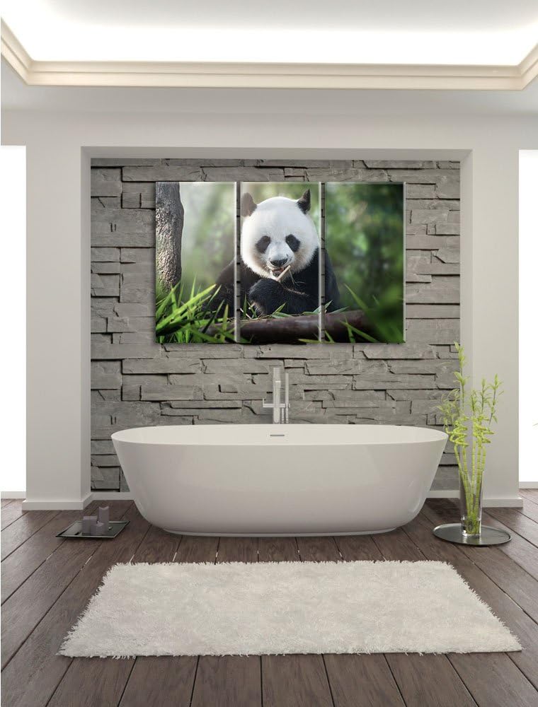 Pixxprint Niedlicher Panda isst Bambus als Leinwandbild - Grösse: 3-Teilig (120x80cm) - Wandbild - K