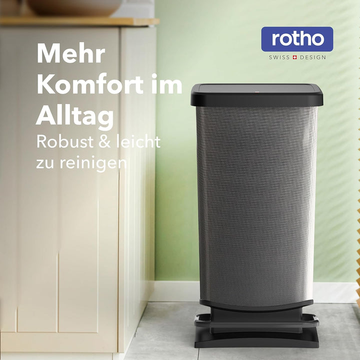 Rotho Paso Mülleimer 40l mit Pedal und Deckel, Kunststoff (PP) BPA-frei, carbon metallic, 40 Liter C
